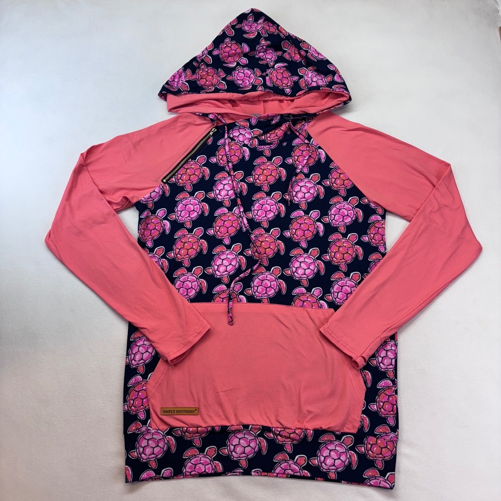 Simply Southern Coral Turtle Hoodie Long‎ Sleeve Zipper Pocket Women's Small